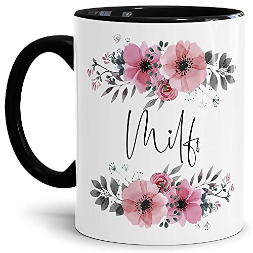 Tasse mit Spruch - Kaffee Tasse_Milf - Motivtasse mit Blumenmotiv - Geschenkidee - Keramiktasse Innen & Henkel Schwarz, 300ml von Tassendruck