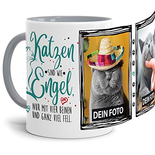 Tasse mit Spruch - Katzen sind wie Engel - zum Selbst gestalten mit Zwei Fotos - Geschenkidee für Katzenliebhaber, Innen & Henkel Grau, 300 ml von Tassendruck