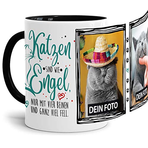 Tasse mit Spruch - Katzen sind wie Engel - zum Selbst gestalten mit Zwei Fotos - Geschenkidee für Katzenliebhaber, Innen & Henkel Schwarz, 300 ml von Tassendruck