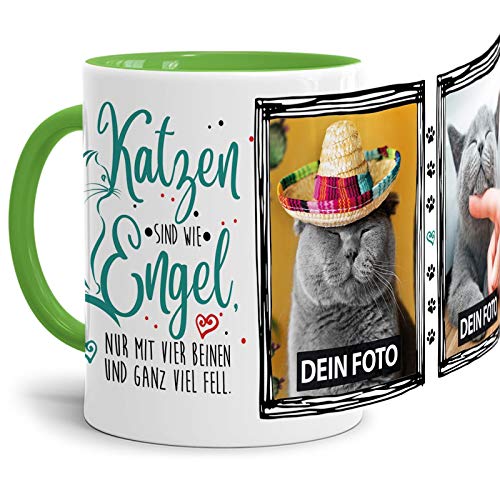 Tasse mit Spruch - Katzen sind wie Engel - zum Selbst gestalten mit Zwei Fotos - Geschenkidee für Katzenliebhaber, Innen & Henkel Hellgrün, 300 ml von Tassendruck