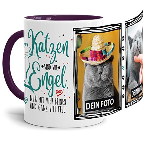 Tasse mit Spruch - Katzen sind wie Engel - zum Selbst gestalten mit Zwei Fotos - Geschenkidee für Katzenliebhaber, Innen & Henkel Violett, 300 ml von Tassendruck