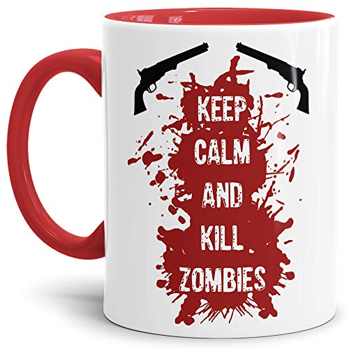 Tasse mit Spruch "Keep Calm and kill Zombies" - Halloween/Untoter/Beißer/Schwarz/Innen & Henkel Rot von Tassendruck