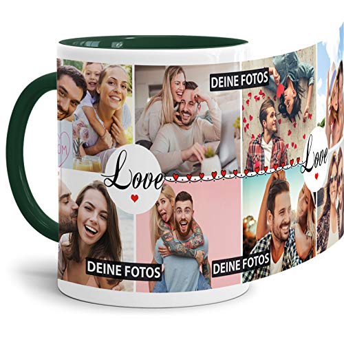 Tasse mit Spruch LOVE zum SELBSTGESTALTEN mit FOTO-COLLAGE für 8 WUNSCHFOTOS - Fototasse personalisiert - Persönliche Geschenkidee für Freunde und Familie - Innen & Henkel Dunkelgrün von Tassendruck