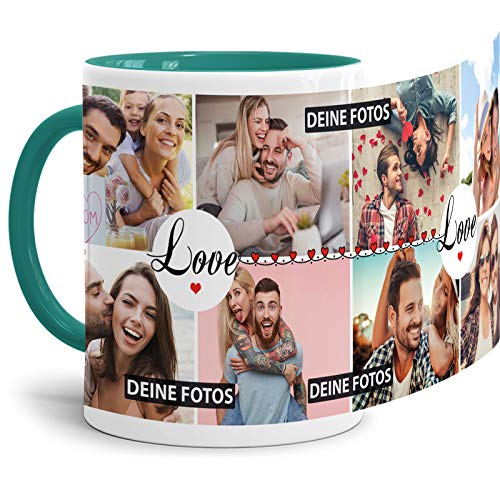 Tasse mit Spruch LOVE zum SELBSTGESTALTEN mit FOTO-COLLAGE für 8 WUNSCHFOTOS - Fototasse personalisiert - Persönliche Geschenkidee für Freunde und Familie - Innen & Henkel Türkis von Tassendruck