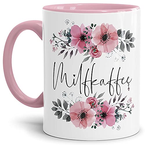 Tasse mit Spruch - MilfKaffee Tasse - Motivtasse mit Blumenmotiv - Geschenkidee - Keramiktasse Innen & Henkel Rosa, 300ml von Tassendruck