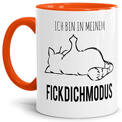 Tasse mit Spruch - Nö-Katze Fick Dich Modus - lustige Tasse für die Arbeit/Bürotasse/freche Tasse mit Katze/Geschenkidee lustig - Innen & Henkel Orange von Tassendruck