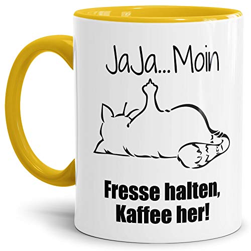 Tasse mit Spruch - Nö-Katze Ja Ja Moin - lustige Tasse für die Arbeit/Bürotasse/freche Tasse mit Katze/Geschenkidee lustig - Innen & Henkel Gelb von Tassendruck