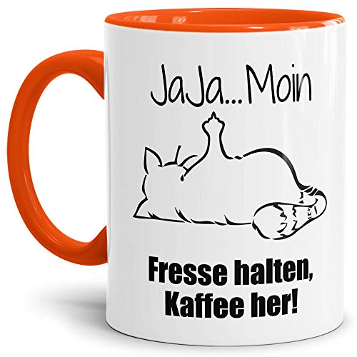 Tasse mit Spruch - Nö-Katze Ja Ja Moin - lustige Tasse für die Arbeit/Bürotasse/freche Tasse mit Katze/Geschenkidee lustig - Innen & Henkel Orange von Tassendruck