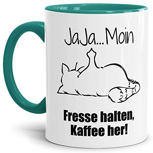 Tasse mit Spruch - Nö-Katze Ja Ja Moin - lustige Tasse für die Arbeit/Bürotasse/freche Tasse mit Katze/Geschenkidee lustig - Innen & Henkel Türkis von Tassendruck