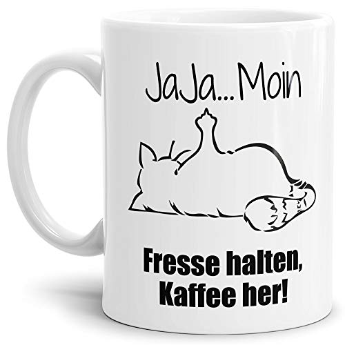 Tasse mit Spruch - Nö-Katze Ja Ja Moin - lustige Tasse für die Arbeit/Bürotasse/freche Tasse mit Katze/Geschenkidee lustig - Weiß von Tassendruck