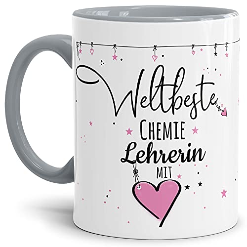 Tasse mit Spruch - Weltbeste Lehrerin mit Herz - Geschenk für die Chemie-Lehrerin - Hochwertige Keramiktasse, Innen & Henkel Grau, 300 ml von Tassendruck