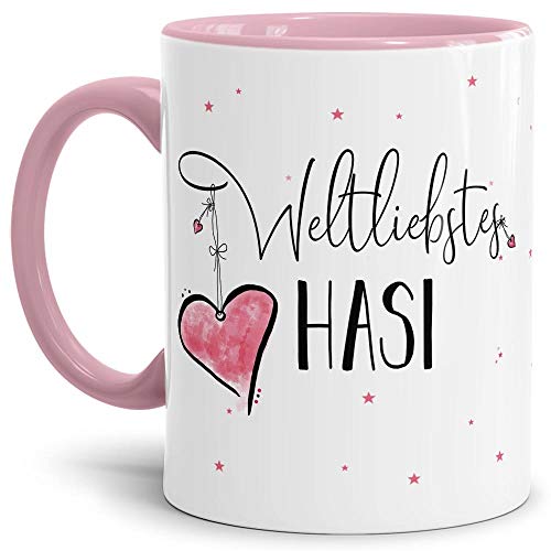 Tasse mit Spruch - Weltliebstes Hasi weiblich - Geschenk für Freundin, Partnerin und liebste Frau - Innen & Henkel Rosa, 300 ml von Tassendruck