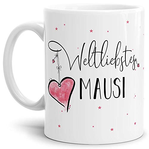 Tasse mit Spruch - Weltliebstes Mausi weiblich - Geschenk für Freundin, Partnerin und liebste Frau - Weiß, 300 ml von Tassendruck