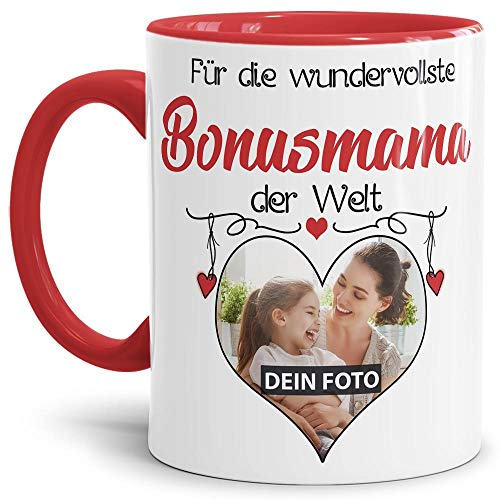 Tasse mit Spruch - Wundervollste Bonusmama der Welt - personalisiert mit Wunschfoto - Geschenkidee für die Bonusmama - Innen & Henkel Rot, 300 ml von Tassendruck