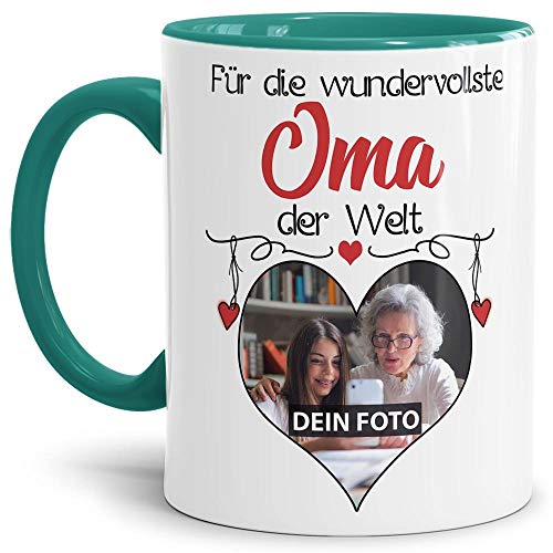 Tasse mit Spruch - Wundervollste Oma der Welt - personalisiert mit Wunschfoto - Geschenkidee für die beste Oma - Innen & Henkel Türkis, 300 ml von Tassendruck
