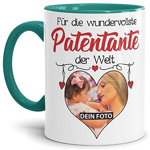 Tasse mit Spruch - Wundervollste Patentante der Welt - personalisiert mit Wunschfoto - Geschenkidee für Patentante - Innen & Henkel Türkis, 300 ml von Tassendruck