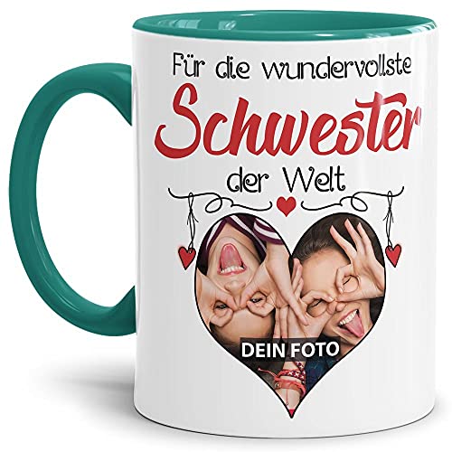 Tasse mit Spruch - Wundervollste Schwester der Welt - personalisiert mit Wunschfoto - Geschenkidee für die beste Schwester - Innen & Henkel Türkis, 300 ml von Tassendruck