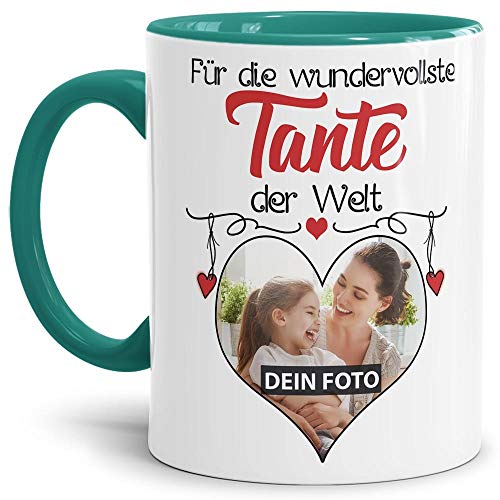 Tasse mit Spruch - Wundervollste Tante der Welt - personalisiert mit Wunschfoto - Geschenkidee für die Tante - Innen & Henkel Türkis, 300 ml von Tassendruck