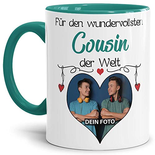 Tasse mit Spruch - Wundervollster Cousin der Welt - personalisiert mit Wunschfoto - Geschenkidee für den Cousin - Innen & Henkel Türkis, 300 ml von Tassendruck