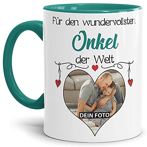 Tasse mit Spruch - Wundervollster Onkel der Welt - personalisiert mit Wunschfoto - Geschenkidee für den Onkel - Innen & Henkel Türkis, 300 ml von Tassendruck