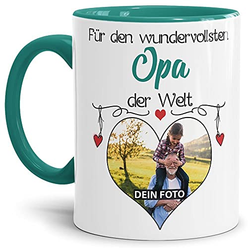 Tasse mit Spruch - Wundervollster Opa der Welt - personalisiert mit Wunschfoto - Geschenkidee für den besten Opa - Innen & Henkel Türkis, 300 ml von Tassendruck