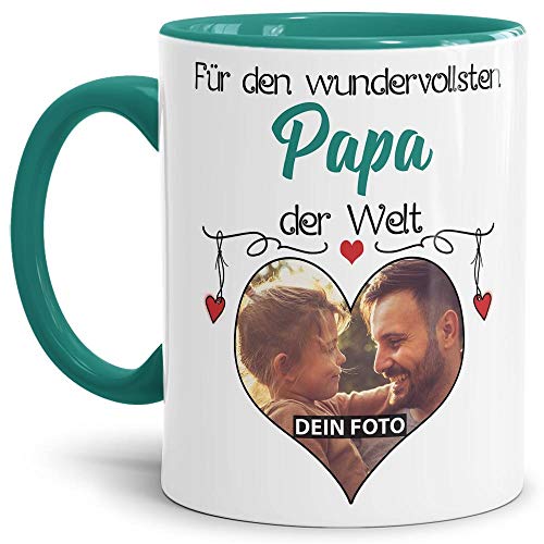 Tasse mit Spruch - Wundervollster Papa der Welt - personalisiert mit Wunschfoto - Geschenkidee für den besten Papa - Innen & Henkel Türkis, 300 ml von Tassendruck