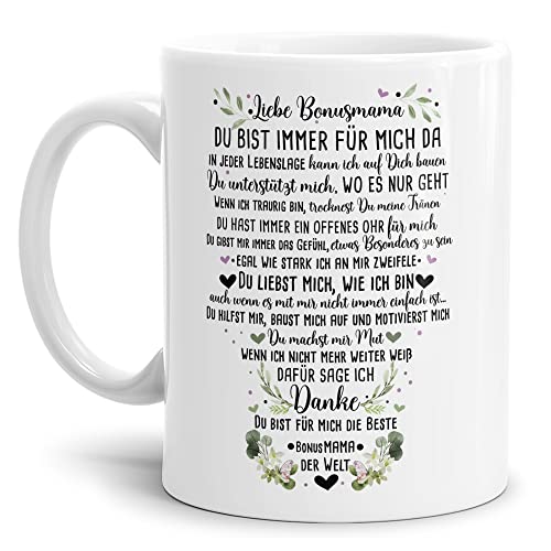 Tasse mit Spruch für Bonusmama - Danke Bonusmama - Geschenk für die Beste Bonusmama - Keramik Weiß, 300 ml von Tassendruck