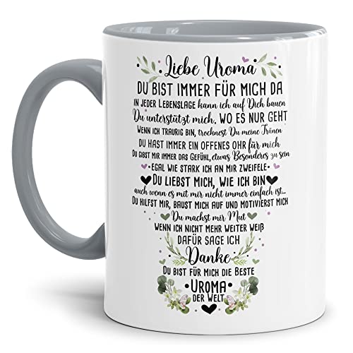 Tasse mit Spruch für Uroma - Danke Uroma - Geschenk für die Beste Uroma - Keramik Innen & Henkel Grau, 300 ml von Tassendruck