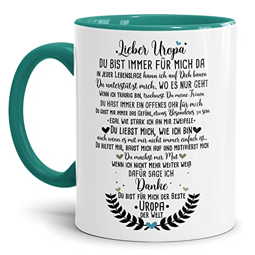 Tasse mit Spruch für Uropa - Danke Uropa - Geschenk für den besten Uropa - Keramik Innen & Henkel Türkis, 300 ml von Tassendruck