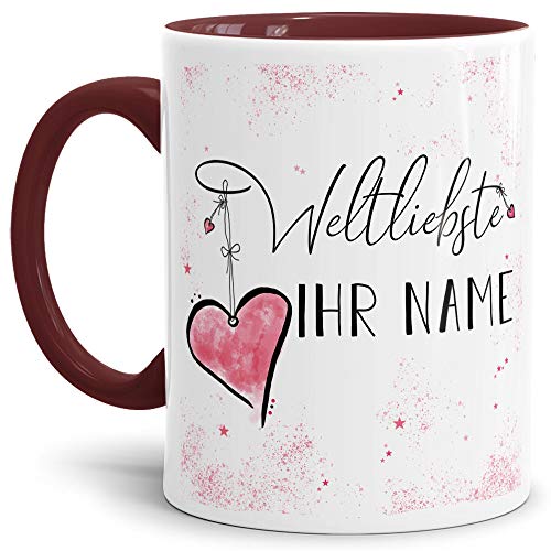 Tasse mit Spruch für die Weltliebste -NAME- Personalisierbar/Individuell/Familie/Geschenk-Idee/Innen & Henkel Weinrot von Tassendruck