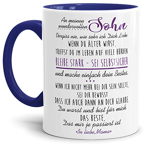 Tasse mit Spruch von der Mama für den Sohn - Kaffeetasse/Familie/Geschenk-Idee/Mug/Cup/Innen & Henkel Dunkelblau von Tassendruck