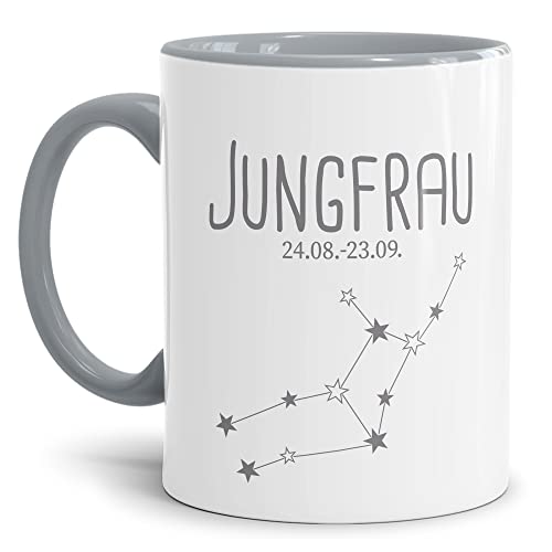 Tasse mit Sternzeichen Jungfrau - Sternbild Kaffeetasse mit Spruch - Geschenk zum Geburtstag, Horoskop, Astronomie - Keramik Innen & Henkel Grau, 300 ml | Jungfrau von Tassendruck