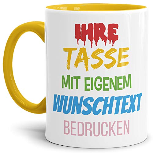 Tasse selbst gestalten/mit eigenem Text beschriften/Wunsch-Name/Spruch-Tasse/Innen & Henkel Gelb/Links & Rechts vom Henkel bedruckt von Tassendruck