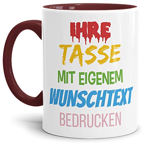 Tasse selbst gestalten/mit eigenem Text beschriften/Wunsch-Name/Spruch-Tasse/Innen & Henkel Weinrot/Motiv für Linkshänder sichtbar von Tassendruck