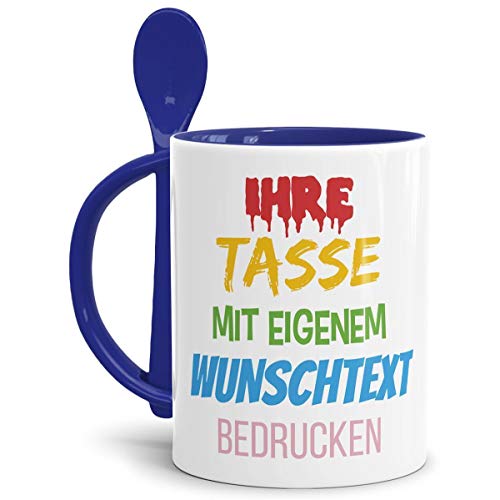 Tasse selbst gestalten/mit eigenem Text beschriften/Wunsch-Name/Spruch-Tasse/Löffeltasse Dunkelblau/Links & Rechts vom Henkel bedruckt von Tassendruck