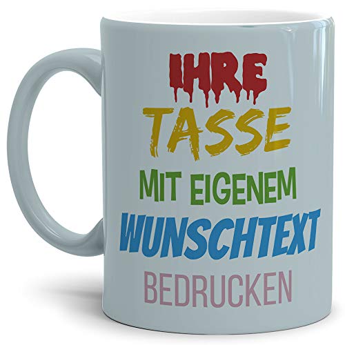 Tasse selbst gestalten/mit eigenem Text beschriften/Wunsch-Name/Spruch-Tasse/Metallic - Silber/Motiv für Rechtshänder sichtbar von Tassendruck