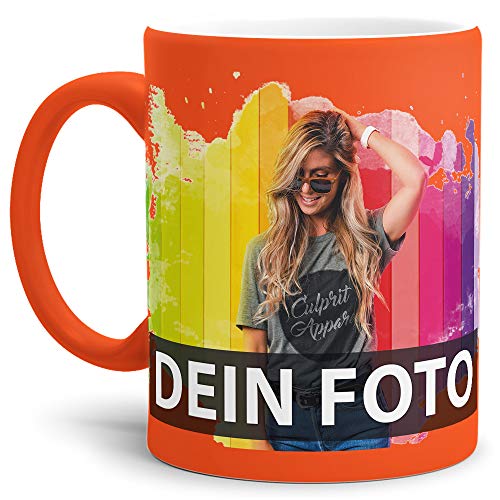 Tasse selbst individuell gestalten/Personalisierbar mit eigenem Foto Bedrucken/Fototasse/Motivtasse/Werbetasse/Firmentasse mit Logo/Außen Neonorange Matt von Tassendruck