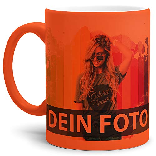 Tasse selbst individuell gestalten/Personalisierbar mit eigenem Foto bedrucken/Fototasse/Motivtasse/Werbetasse/Firmentasse mit Logo/Neon - Orange - Matt von Tassendruck