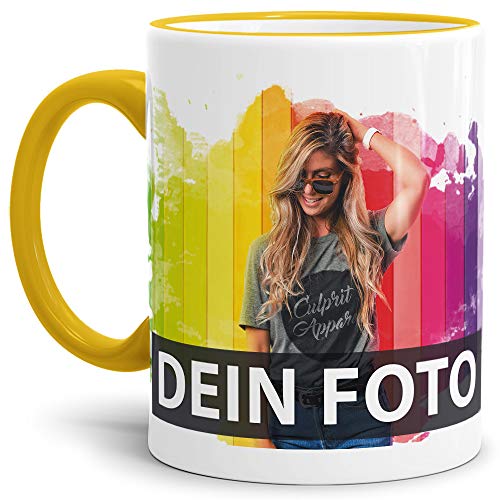 Tasse selbst individuell gestalten/Personalisierbar mit eigenem Foto bedrucken/Fototasse/Motivtasse/Werbetasse/Firmentasse mit Logo/Rand & Henkel Gelb von Tassendruck