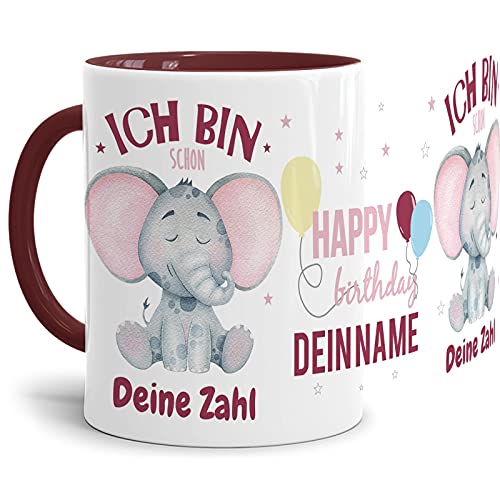 Tasse zum Geburtstag für Mädchen mit süßem Tiermotiv Elefant - personalisierbar mit Name und Alter - Innen & Henkel Weinrot, hochwertige Keramik, 300 ml von Tassendruck