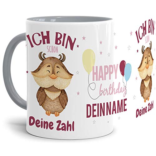 Tasse zum Geburtstag für Mädchen mit süßem Tiermotiv Eule - personalisierbar mit Name und Alter - Innen & Henkel Grau, hochwertige Keramik, 300 ml von Tassendruck