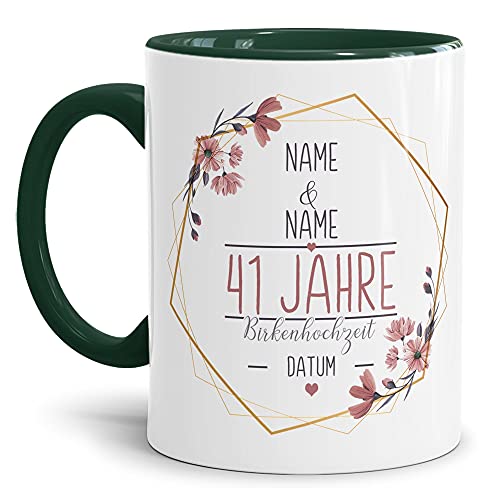 Tasse zum Hochzeitstag Birken Hochzeit - mit Name & Datum selbst gestalten - 41 Jahre Ehe, Paar, Geschenk Hochzeit, Jubiläum, Jahrestag I Personalisiert, Keramik Innen & Henkel Dunkelgrün 300 ml von Tassendruck