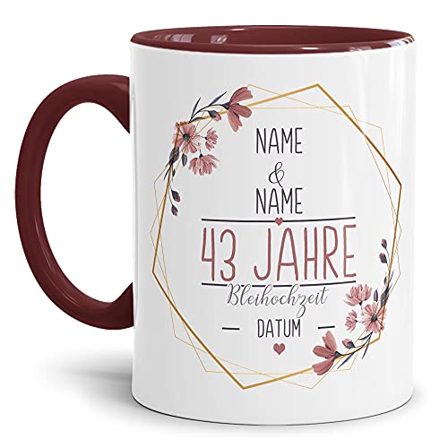 Tasse zum Hochzeitstag Blei Hochzeit - mit Name & Datum selbst gestalten - 43 Jahre Ehe, Paar, Geschenk Hochzeit, Jubiläum, Jahrestag I Personalisiert, Keramik Innen & Henkel Weinrot 300 ml von Tassendruck