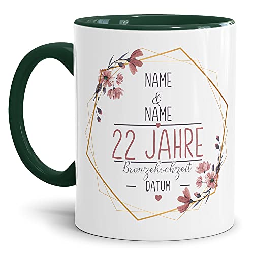 Tasse zum Hochzeitstag Bronze Hochzeit - mit Name & Datum selbst gestalten - 22 Jahre Ehe, Paar, Geschenk Hochzeit, Jubiläum, Jahrestag I Personalisiert, Keramik Innen & Henkel Dunkelgrün 300 ml von Tassendruck