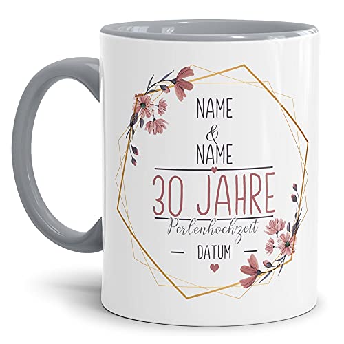 Tasse zum Hochzeitstag Perlen Hochzeit - mit Name & Datum selbst gestalten - 30 Jahre Ehe, Paar, Geschenk Hochzeit, Jubiläum, Jahrestag I Personalisiert, Keramik Innen & Henkel Grau 300 ml von Tassendruck