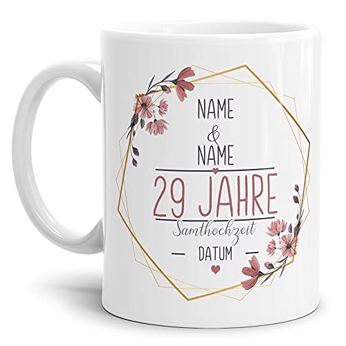 Tasse zum Hochzeitstag Samt Hochzeit - mit Name & Datum selbst gestalten - 29 Jahre Ehe, Paar, Geschenk Hochzeit, Jubiläum, Jahrestag I Personalisiert, Keramik Weiß 300 ml von Tassendruck