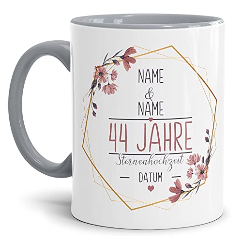 Tasse zum Hochzeitstag Sternen Hochzeit - mit Name & Datum selbst gestalten - 44 Jahre Ehe, Paar, Geschenk Hochzeit, Jubiläum, Jahrestag I Personalisiert, Keramik Innen & Henkel Grau 300 ml von Tassendruck