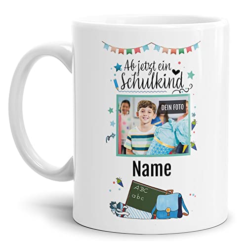 Tasse zur Einschulung selbst gestalten - Ab jetzt EIN Schulkind - mit Name und Foto Personalisieren - Geschenke zur Einschulung | Weiß, 300ml von Tassendruck