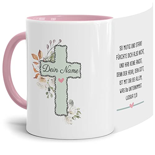 Tasse zur Taufe für Kinder mit Name - Sei mutig & stark - Geschenk für Mädchen & Jungen/Gottes Segen/Erinnerung I Personalisiertes Taufgeschenk - Keramik Innen & Henkel Rosa von Tassendruck