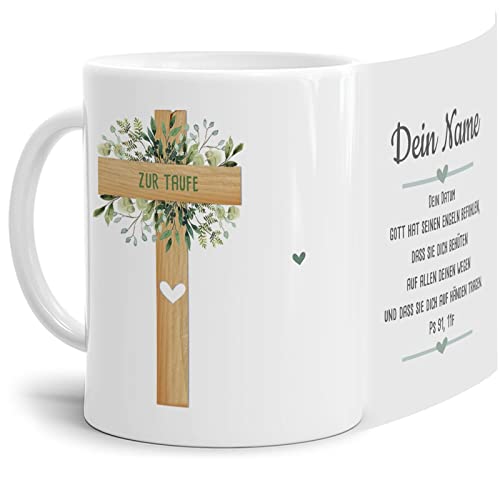 Tasse zur Taufe für Kinder mit Name & Datum - Gott hat seinen Engeln befohlen - Geschenk für Jungen/Gottes Segen/Erinnerung I Personalisiertes Taufgeschenk - Keramik Weiß von Tassendruck